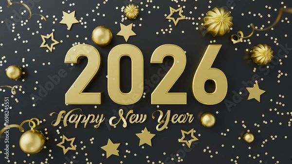 Fototapeta Elegant New Year 2026 background with golden numbers, stars, confetti, on dark backdrop. Perfect for holiday greetings, banners, posters, and seasonal advertising. 3d rendering illustration not AI