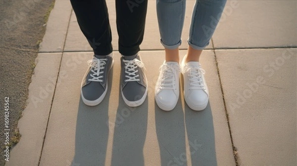 Fototapeta weekday wedding vibes Two pairs of sneakers standing side by side on a sunlit sidewalk.