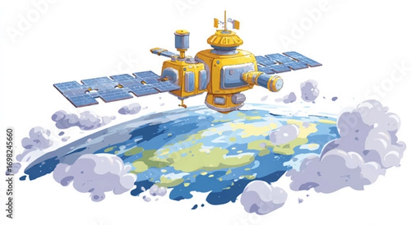 Fototapeta Satellite orbiting planet earth with solar panels and clouds creating a vibrant and detailed scene