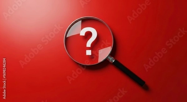 Fototapeta A magnifying glass focusing on a question mark symbol against a red background view