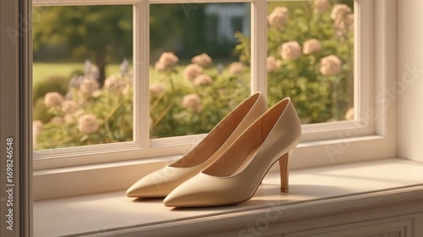 Fototapeta weekday wedding vibes Elegant high-heeled shoes resting on a windowsill with a garden view in the background.