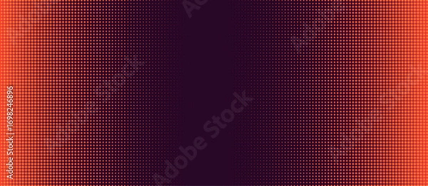Fototapeta Red LED screen panel with orange vector pattern and digital grid texture. Television studio overlay or disco neon effect for background scene. Abstract halftone points or electronic glow frame.