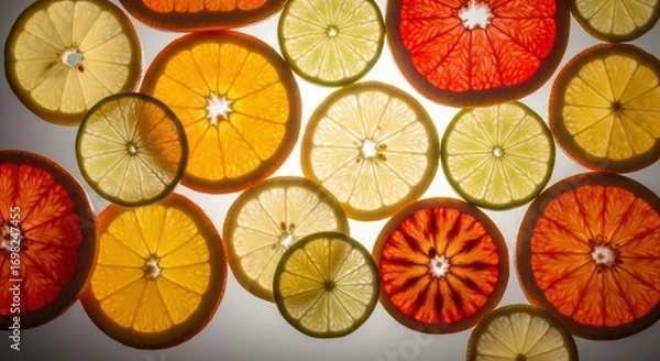 Fototapeta Vibrant, translucent slices of lemon, orange, and blood orange are beautifully backlit, creating a colorful and refreshing citrus mosaic. Perfect for healthy food and drink concepts.