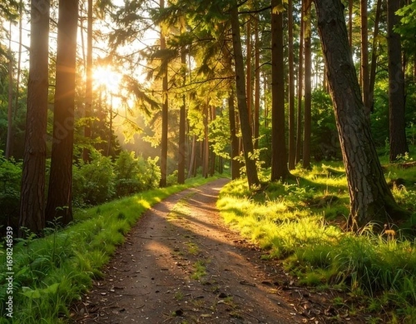 Fototapeta Sunlight path through a lush forest