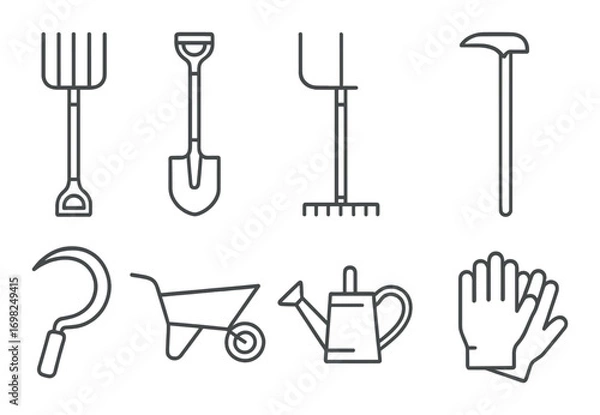 Fototapeta Minimalist garden tools icon set with rake, shovel, hoe, and watering can