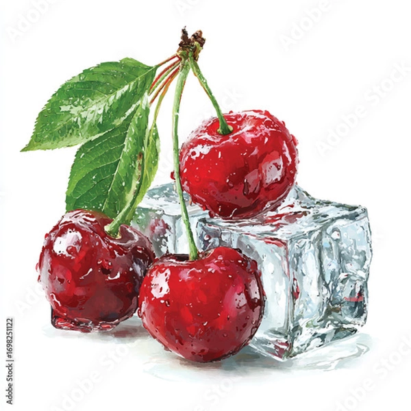 Fototapeta Three vibrant red cherries with fresh green leaves resting on shimmering ice cubes creating a refreshing still life artwork