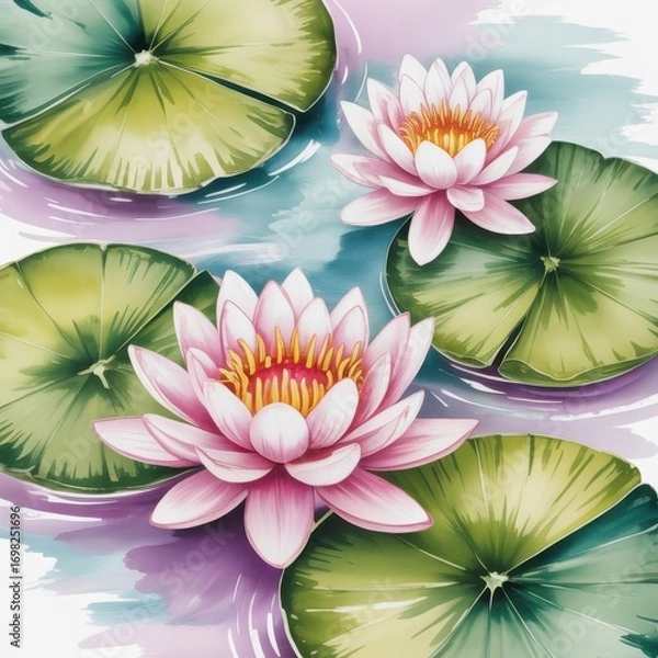 Fototapeta Delicate watercolor painting of serene pink water lilies floating gracefully on tranquil water surrounded by lily pads