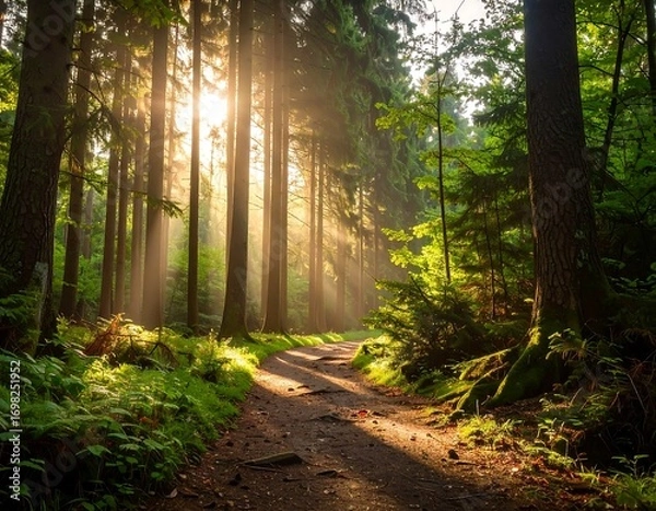 Fototapeta Sunlight streams through a misty forest path (1)