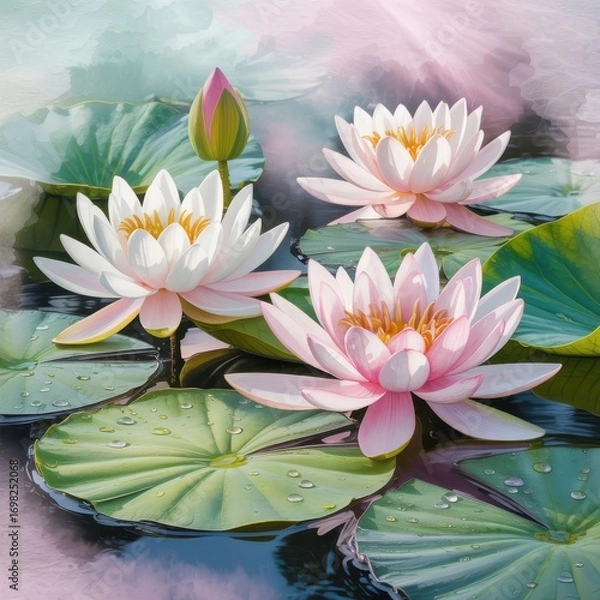 Fototapeta Serene water lilies bloom in soft pastel hues on a tranquil pond surface