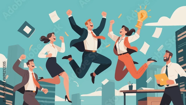 Obraz Business figures joyfully jump to celebrate success, joyfully throw punches to encourage, hand-drawn vector illustrations