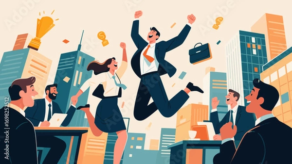 Obraz Business figures joyfully jump to celebrate success, joyfully throw punches to encourage, hand-drawn vector illustrations