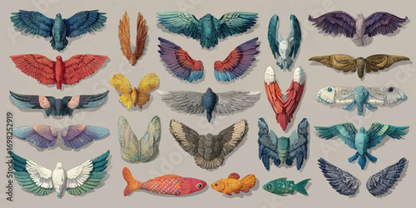 Fototapeta Whimsical Assemblage of Handcrafted Wing and Fish Sculptures with Detailed Textures and Vibrant Color Palettes