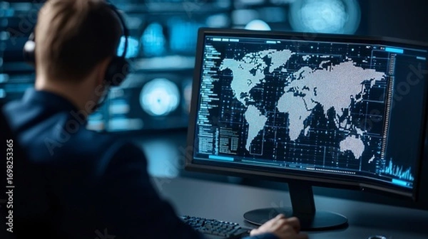 Obraz Medium shot of blue team analyst monitoring cyber defense dashboard in dark operations room, over the shoulder view.