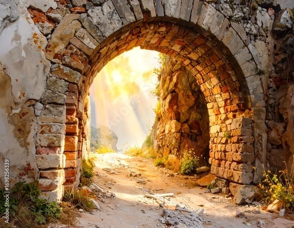 Fototapeta Sunlit archway through ancient ruins