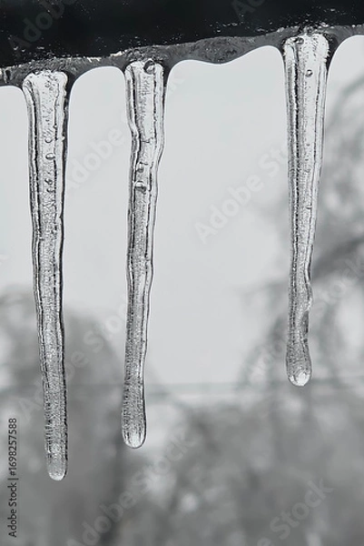 Obraz close up of transparent icicles hanging in winter season frozen water drops ice formation natural cold weather detail background seasonal frost crystal clear texture