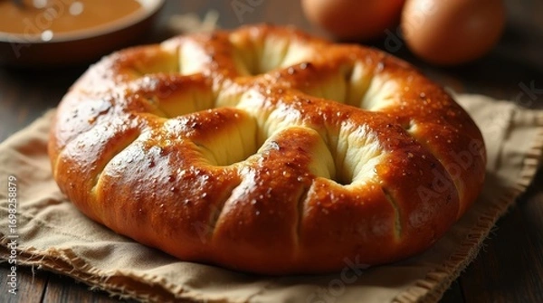 Fototapeta Delicious sweet focaccia sits freshly baked on a linen cloth with eggs in the background