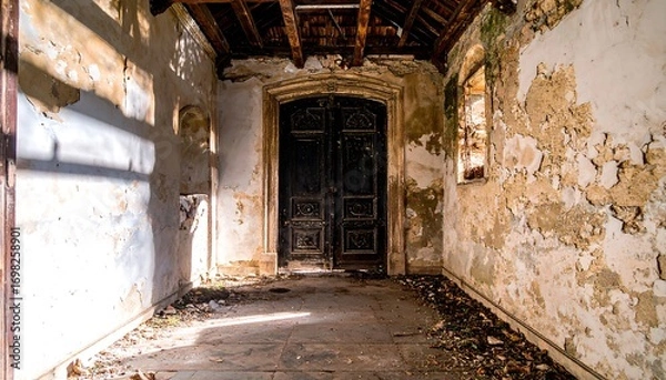 Fototapeta Sunlit corridor in a decaying building