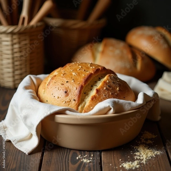 Fototapeta Deliciously baked sweet focaccia served in a rustic bowl with artisanal bread in the background
