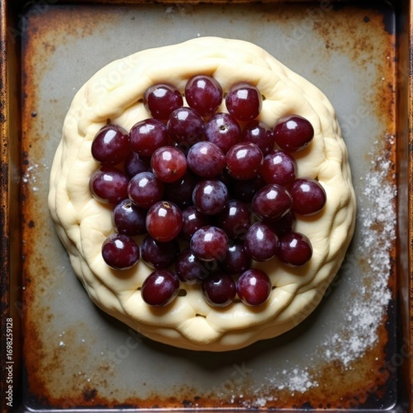 Fototapeta Delicious sweet focaccia topped with fresh grapes ready for baking in a rustic kitchen