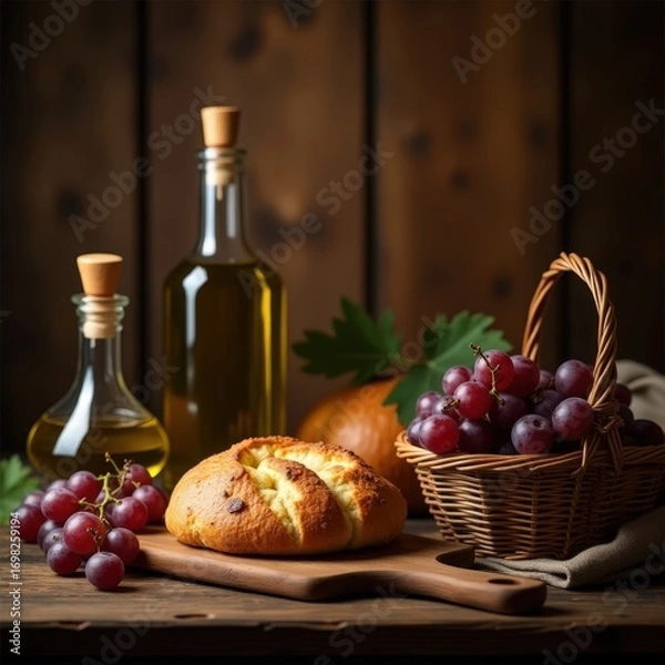 Fototapeta Sweet focaccia with grapes and olive oil displayed on a rustic wooden table at an Italian kitchen