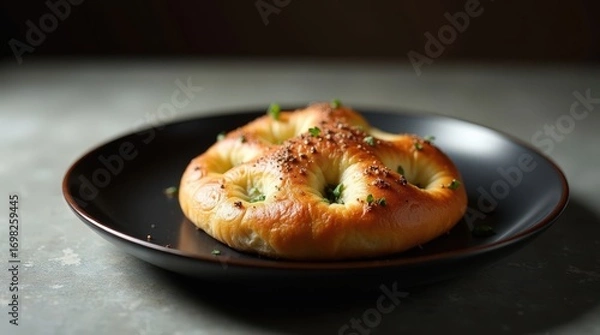 Fototapeta Focaccia topped with herbs served on a black plate in a cozy kitchen setting during a late afternoon