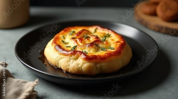 Fototapeta Sweet focaccia baked to golden perfection with herbs and a drizzle of olive oil on a rustic table