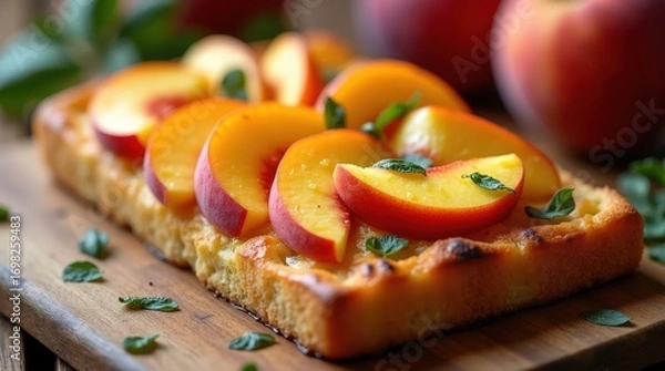Fototapeta Delicious sweet focaccia topped with fresh peaches and mint leaves served in a rustic setting
