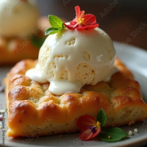Fototapeta Sweet focaccia topped with creamy ice cream and edible flowers served on a rustic wooden table