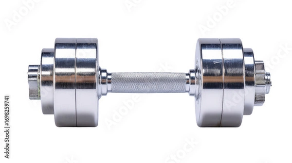 Fototapeta Studio lighting shot of polished steel dumbbell centered isolated on a Transparent background, PNG file.