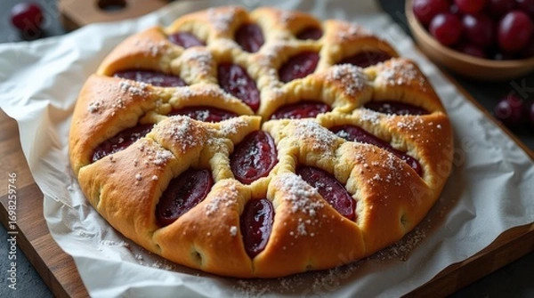 Fototapeta Sweet focaccia topped with grapes and powdered sugar served on a wooden board, perfect for an afternoon treat or dessert