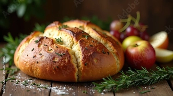 Fototapeta Delicious and aromatic sweet focaccia served with fresh fruits on a rustic wooden table