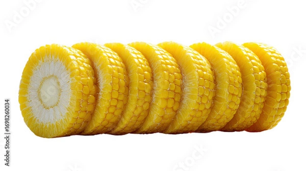Fototapeta Sweetcorn cut into round slices arranged in a line isolated on a Transparent background, PNG file.