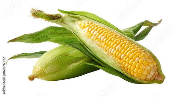 Fototapeta Sweetcorn placed diagonally with husk half-open revealing kernels isolated on a Transparent background, PNG file.