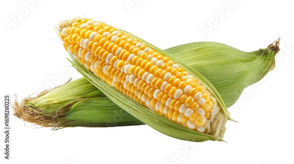 Fototapeta Sweetcorn placed diagonally with husk half-open revealing kernels isolated on a Transparent background, PNG file.