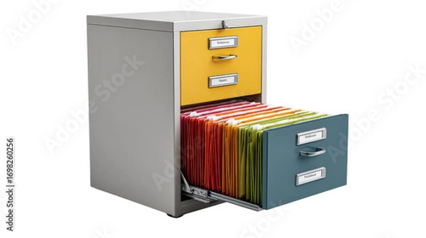 Fototapeta Tall filing cabinet with open drawer showing hanging folders background isolated on a Transparent background, PNG file.