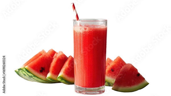 Fototapeta Tall glass filled with red watermelon juice with straw isolated on a Transparent background, PNG file.