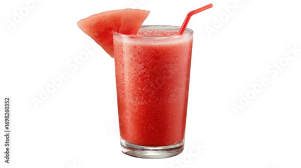 Fototapeta Tall glass filled with red watermelon juice with straw isolated on a Transparent background, PNG file.