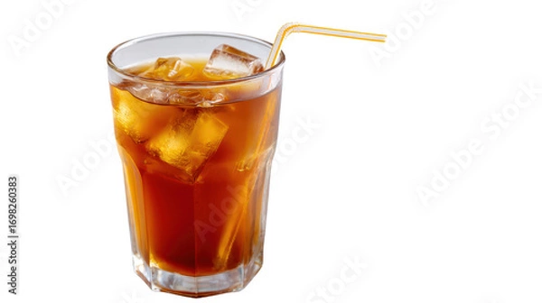 Fototapeta Tamarind juice in transparent glass with ice cubes and straw isolated on a Transparent background, PNG file.