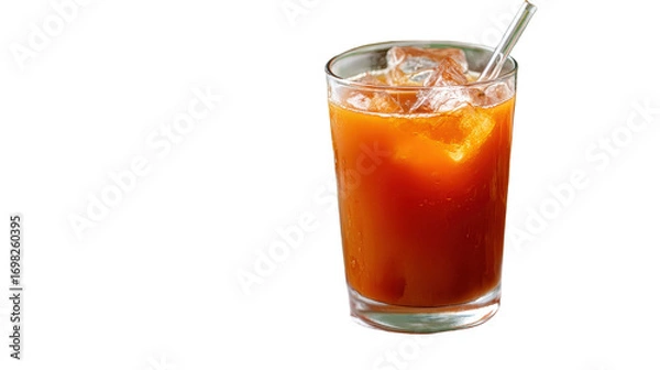 Fototapeta Tamarind juice in transparent glass with ice cubes and straw isolated on a Transparent background, PNG file.