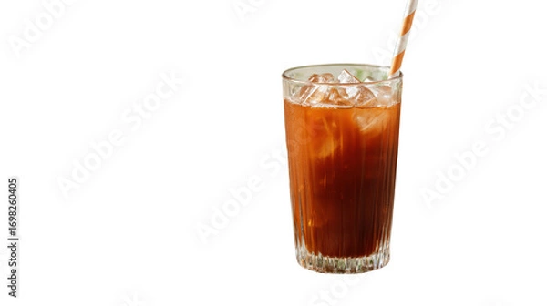 Fototapeta Tamarind juice in transparent glass with ice cubes and straw isolated on a Transparent background, PNG file.