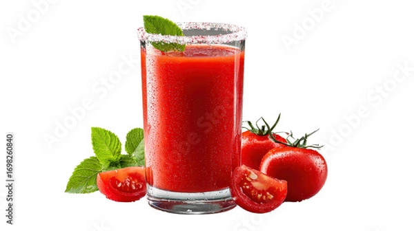 Fototapeta Tomato juice in cylindrical glass with salt rim background isolated on a Transparent background, PNG file.