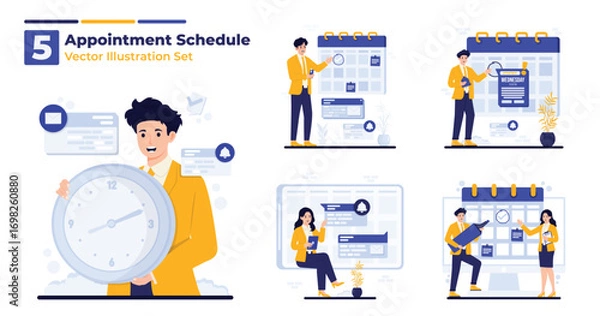 Fototapeta appointment schedule vector illustration set characters managing appointments reminders, and deadlines. businessman checking schedules to employees planning tasks with notification alerts and calendar