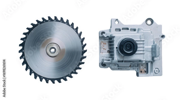 Fototapeta Top view of electric saw blade and motor housing background isolated on a Transparent background, PNG file.