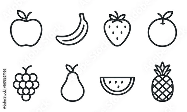 Fototapeta Outline icons of various fruits: apple, banana, strawberry, orange, grapes, pear, watermelon, pineapple