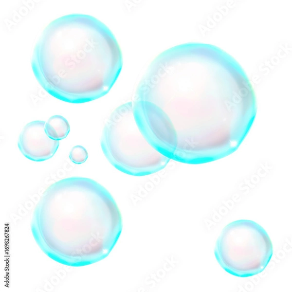 Fototapeta Soap bubbles isolated on transparent background. Floating shiny round spheres on white. Blue foam circles flying in the air. Light aqua colored foam liquid illustration.