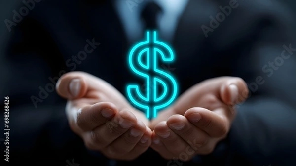 Fototapeta Closeup of a person's hands cupped together, with a glowing dollar sign symbol floating above, symbolizing the idea of earning, saving, and managing money for financial growth and security.
