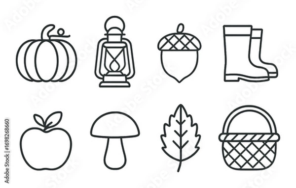 Fototapeta Minimalist autumn icons featuring pumpkin lantern acorn boots apple mushroom leaf basket