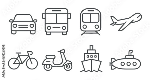 Fototapeta Vector icons of various transportation modes in gray design on dark background