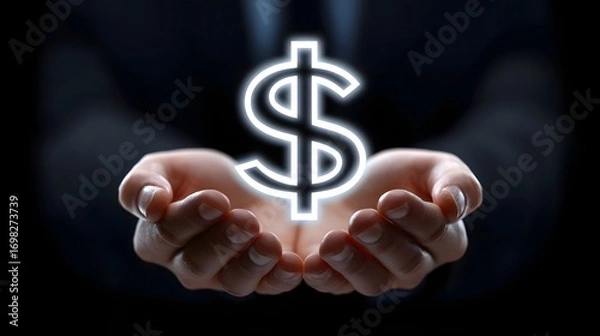Fototapeta Cupped hands displaying a bright, illuminated dollar sign symbol, representing finance, wealth, and economic prosperity.