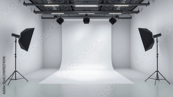 Fototapeta Empty Modern Photography Studio with Lighting Equipment and White Backdrop
